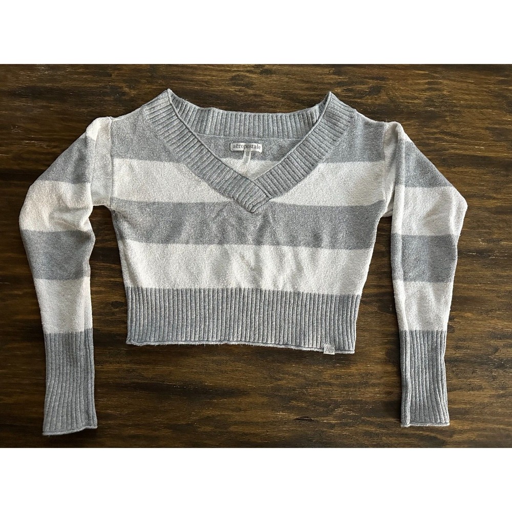 Aeropostale Sweater Womens XSmall Gray White Stripped V-Neck Pullover Cropped